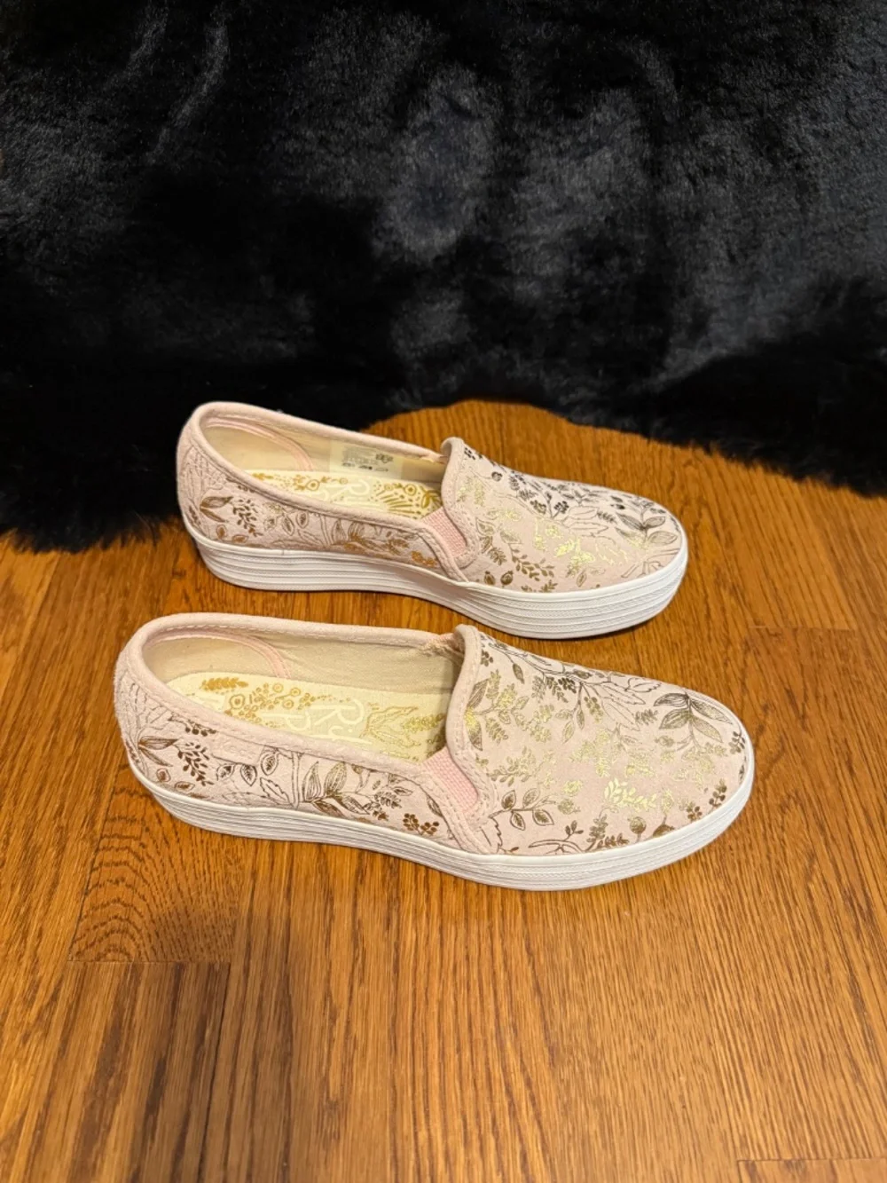 Rifle Paper Keds collaboration gorgeous light pink with gold floral and pattern